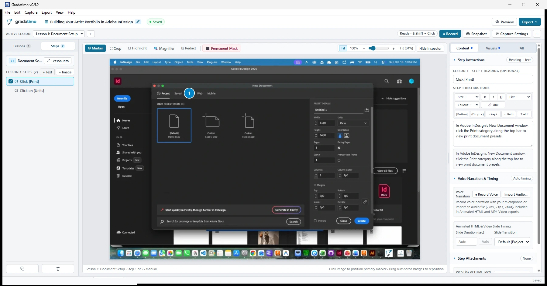 Gradatimo main workspace showing step-by-step class handout authoring with annotation canvas and semantic tokens